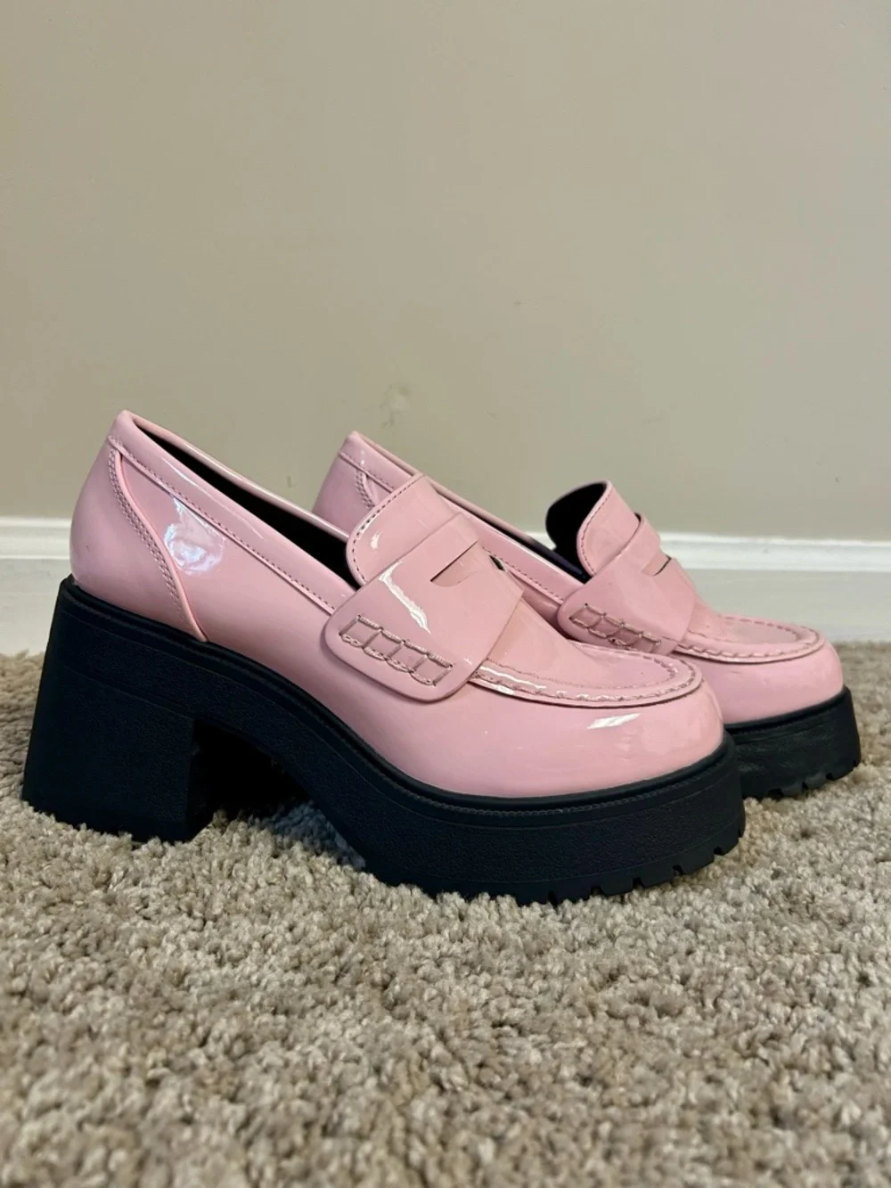 Soda Pink Patent Platform Loafers with Black Lug Sole - Picture 2 of 3